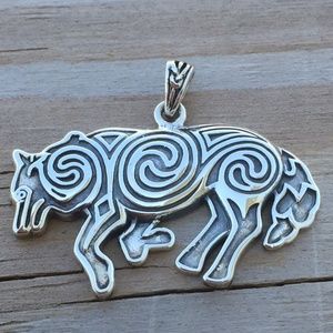 Celtic Norse Wolf Spiral Pendant solid .925 Sterling Silver Peter Stone